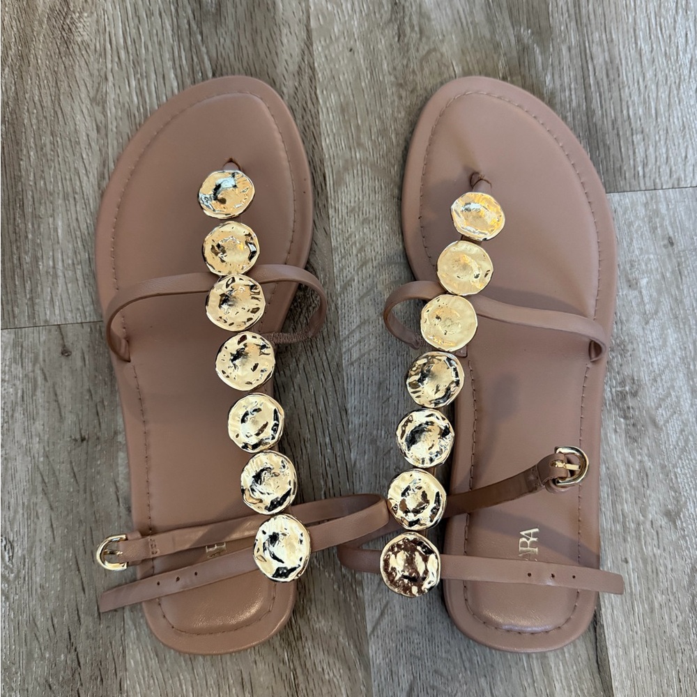 Zara Tan Sandals with Gold Discs